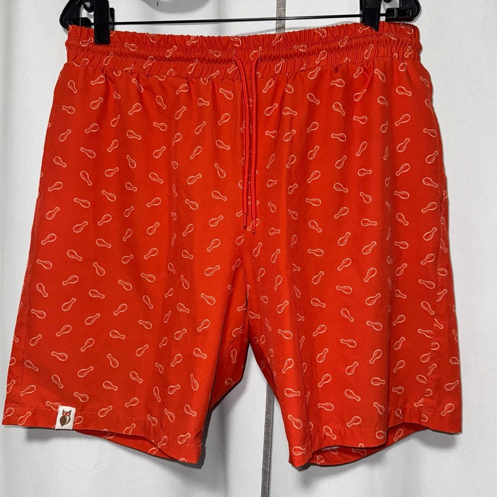 Hooters Shorts Orange 8" Inseam Pockets Lining Drumsticks All Over Print Men